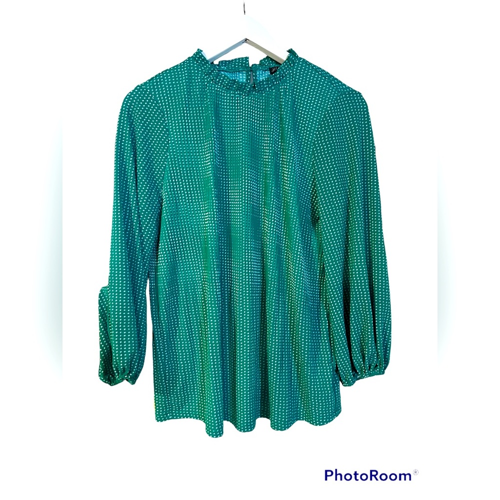 Adrianna Papell Green Polka-Dot Blouse Top Mock Neck S/M Office lightweight